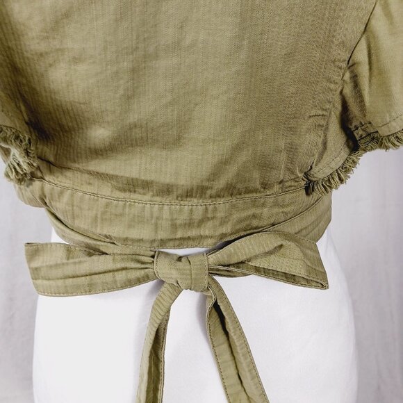 DO + BE, Khaki Green Crop Top Wrap Tie Waist Ruffled Sleeves Cotton, Festival, S - Picture 6 of 13
